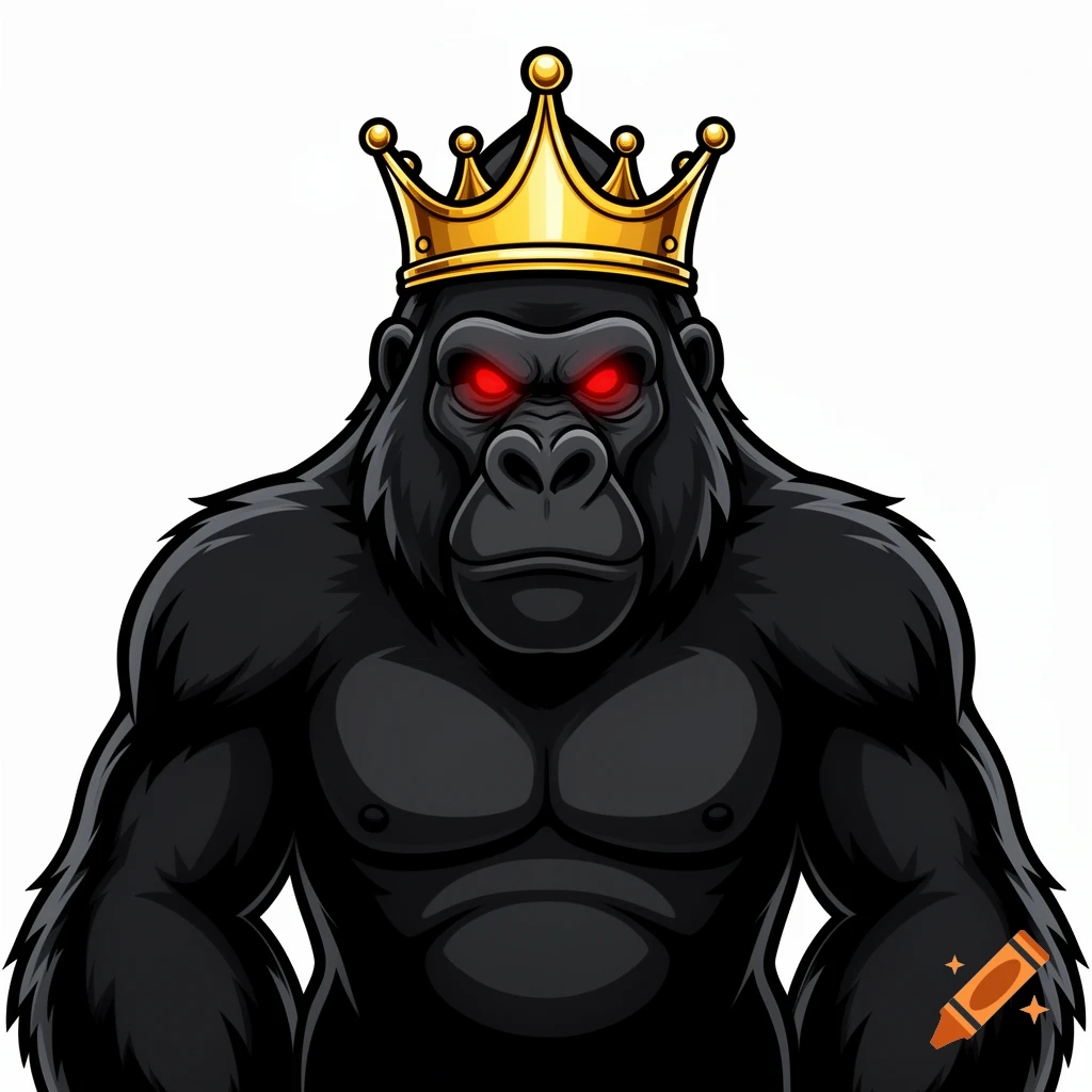 A bold cartoon illustration of a black gorilla with glowing red eyes and a golden crown.