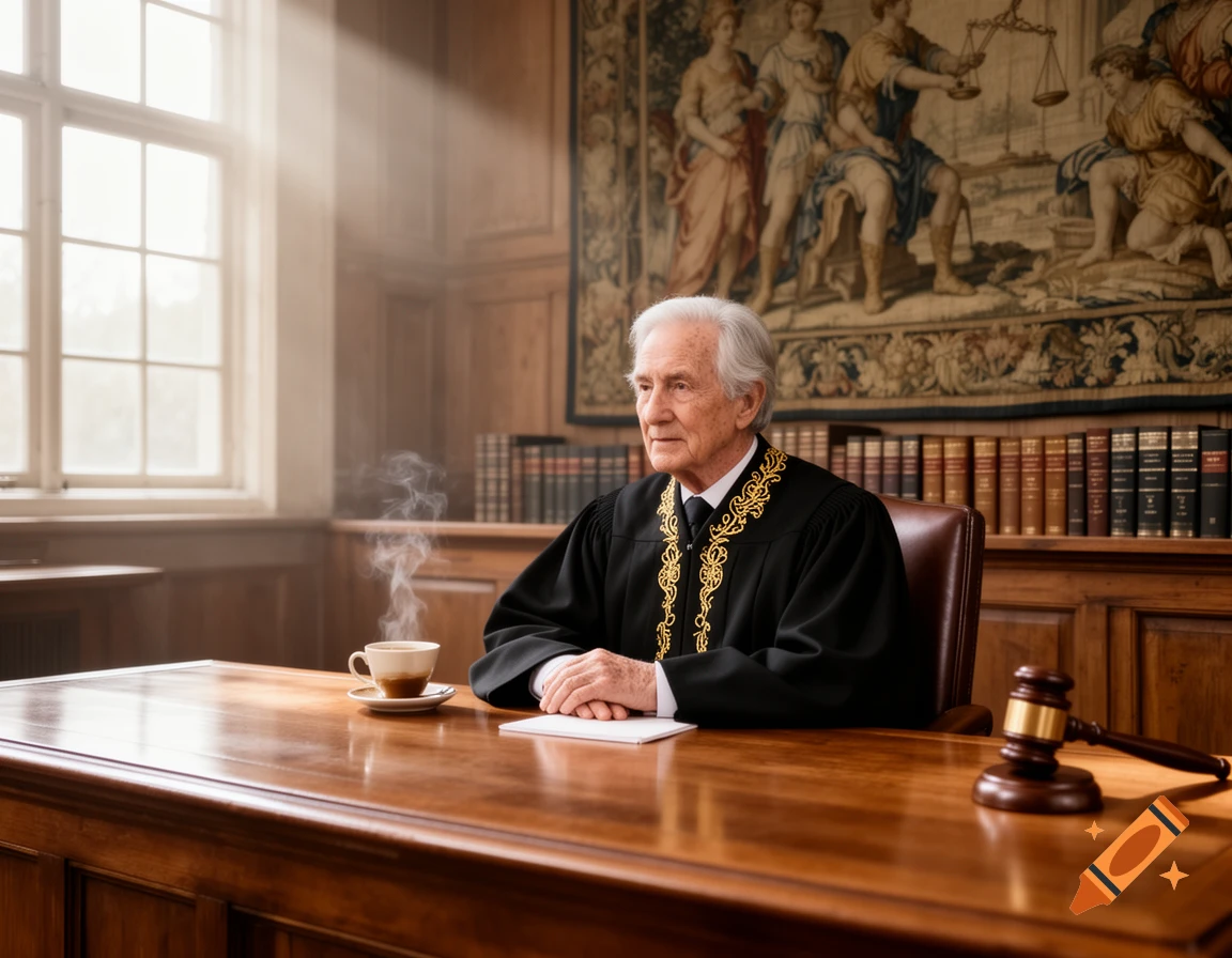 An elderly judge in a black and gold robe sits at a wooden desk with a steaming coffee cup and gavel in a sunlit courtroom.