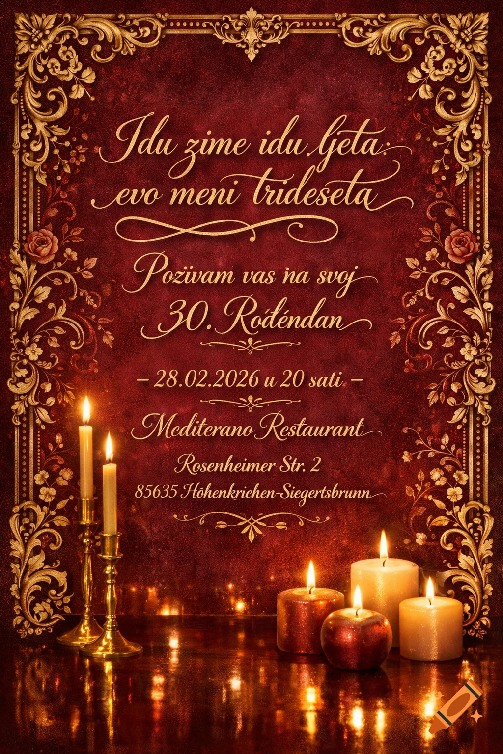 A richly decorated red and gold birthday invitation with elegant calligraphy and burning candles at the bottom.