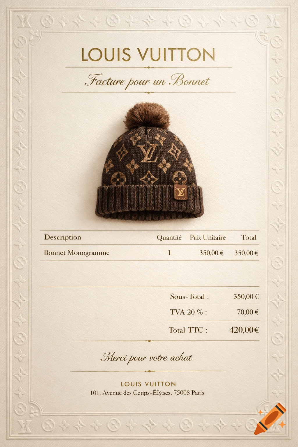 A Louis Vuitton invoice for a brown monogram beanie with a pom-pom, showing product details and prices on a textured cream background with embossed logos.
