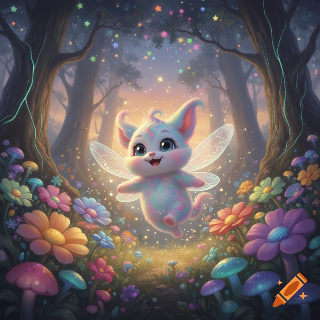 A cute pastel fairy creature with clear wings floats in an enchanted forest filled with glowing mushrooms, colorful flowers, and sparkling stars.