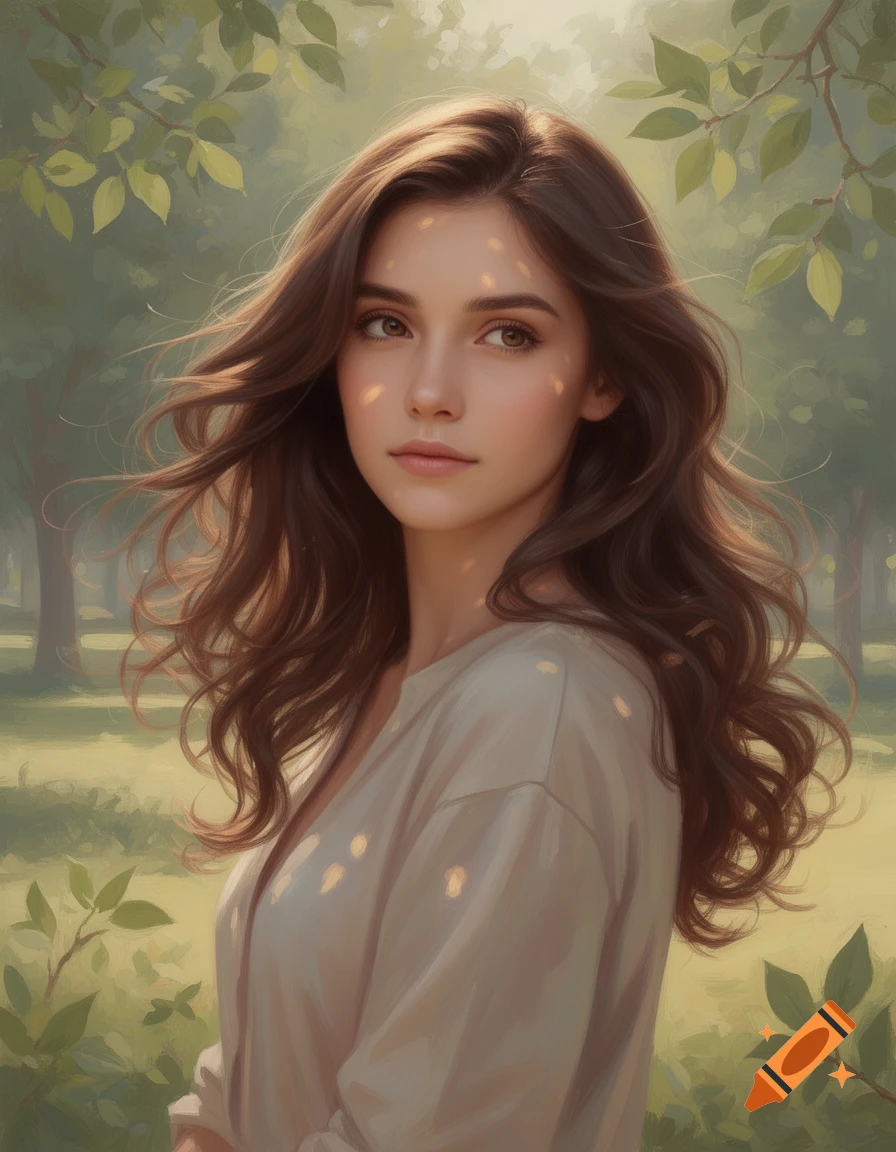 A realistic portrait of a young woman with long brown wavy hair ...