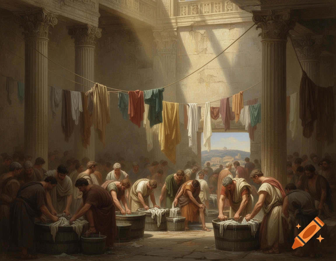 Men in ancient Roman tunics wash clothes in tubs in a sunlit courtyard, with laundry hanging on lines in a realistic painting.
