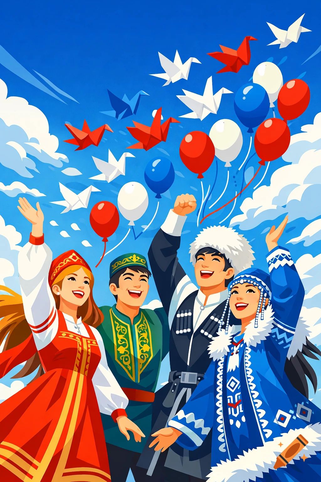Four happy young people in diverse Russian national costumes release balloons and paper cranes into a blue sky. Flat design illustration.