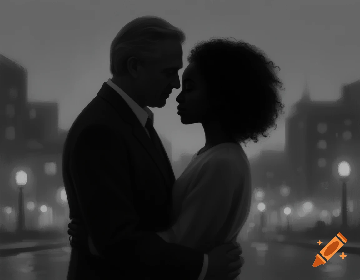 A man and woman in silhouette embrace, nearly touching noses, against a dark, blurry city background with glowing streetlights.