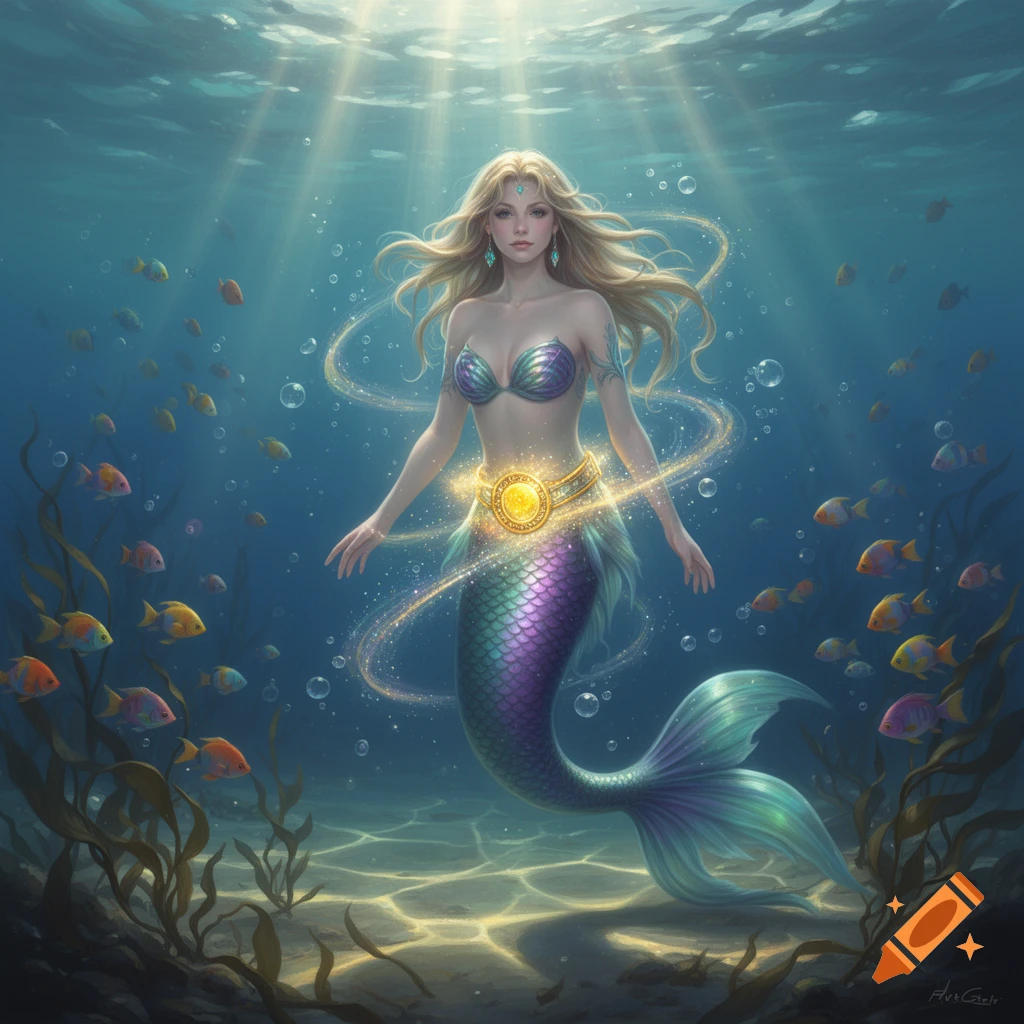 Blonde mermaid with a shiny golden belt and purple-green tail floats underwater, surrounded by colorful fish and sunbeams.