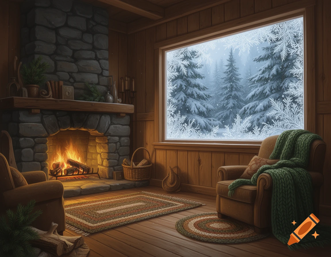 Cozy cabin interior with a stone fireplace, two armchairs, and a large window looking out onto a snowy forest.