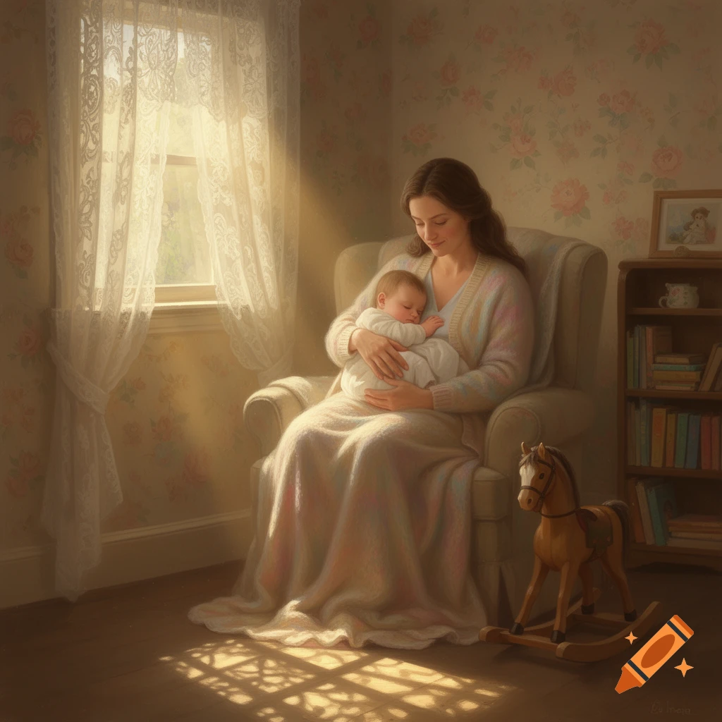 A mother gently cradles her sleeping baby in a sunlit armchair by a window with lace curtains, a rocking horse nearby.