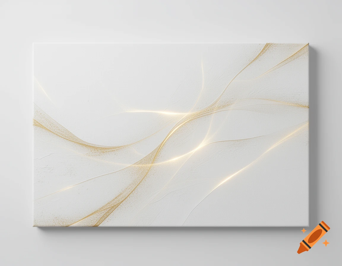 Abstract white background with elegant golden wavy lines and sparkling glitter accents.
