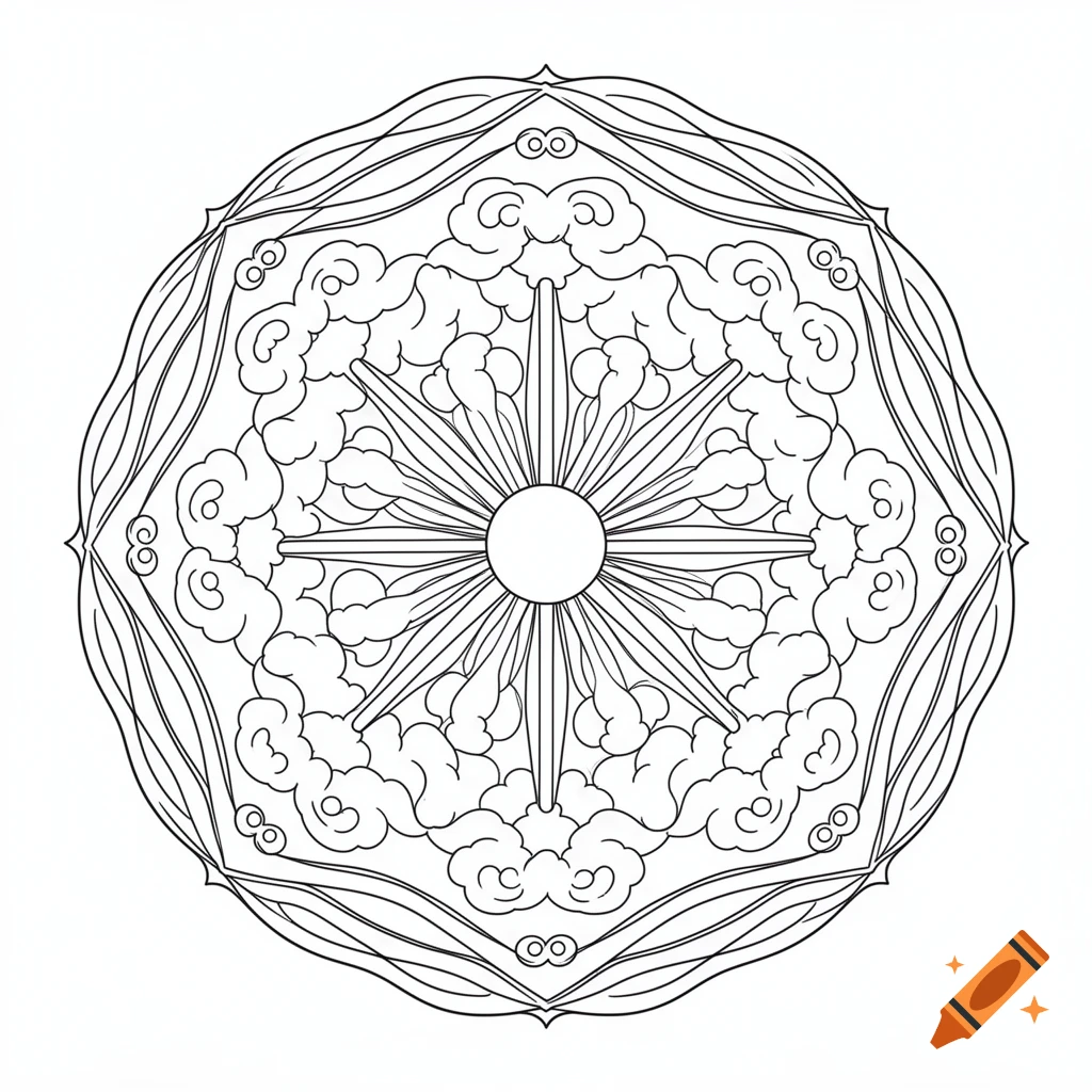 A symmetrical black and white mandala design featuring a central sunburst pattern surrounded by stylized clouds and wavy borders.