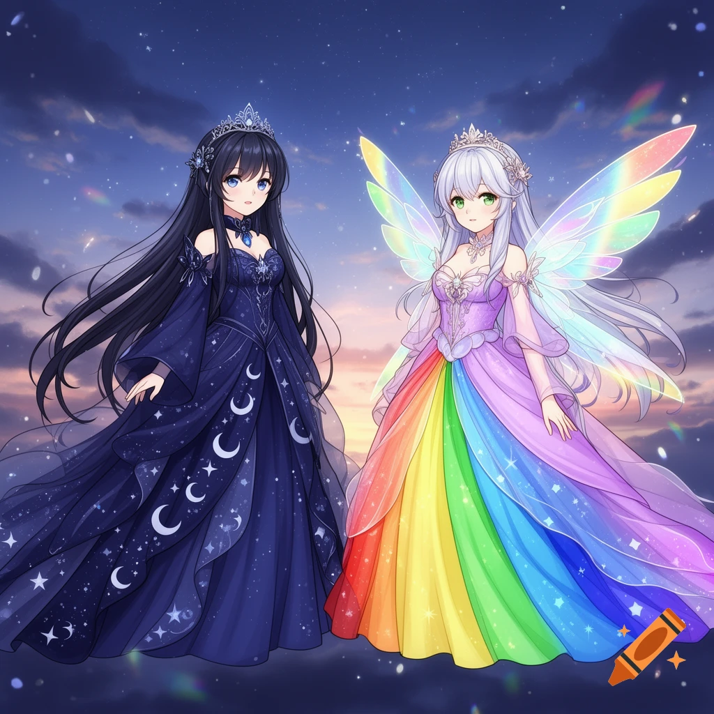 Two anime princess-like girls, one in a blue celestial dress, the other in a rainbow dress with iridescent wings, against a dusk sky.