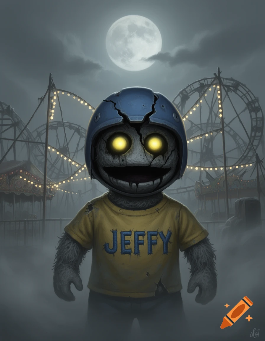 A scary, cracked puppet with glowing eyes wearing a yellow JEFFY shirt stands in a foggy, abandoned amusement park under a full moon.