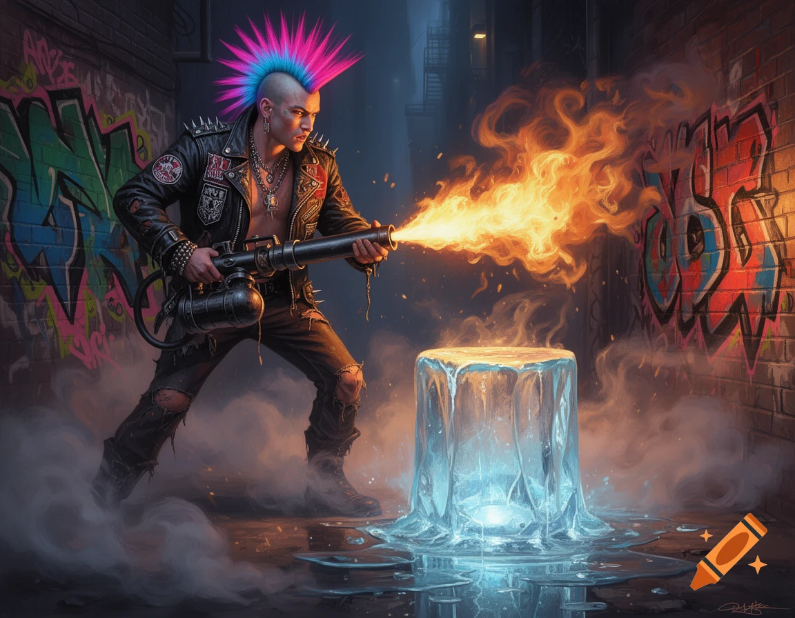 A punk person with a vibrant mohawk melts an ice block with a flamethrower in a graffiti-covered alley.