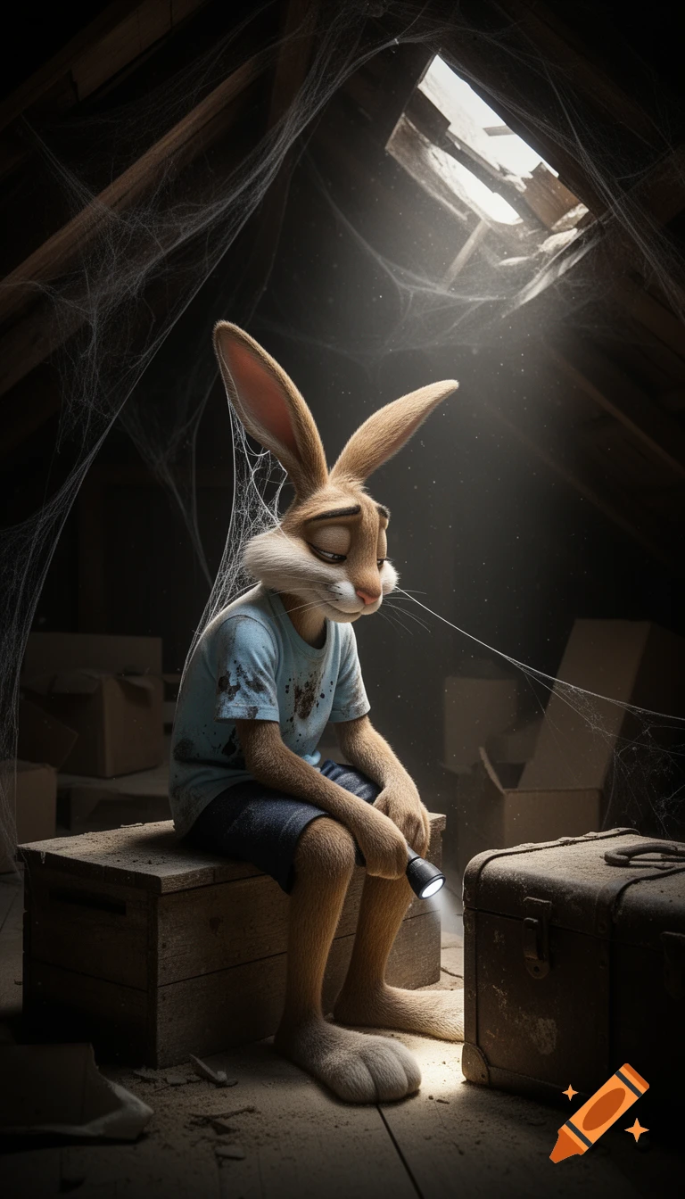 A photorealistic sad rabbit character wearing a t-shirt and shorts sits on a dusty wooden crate in a cobweb-filled attic, holding a flashlight.