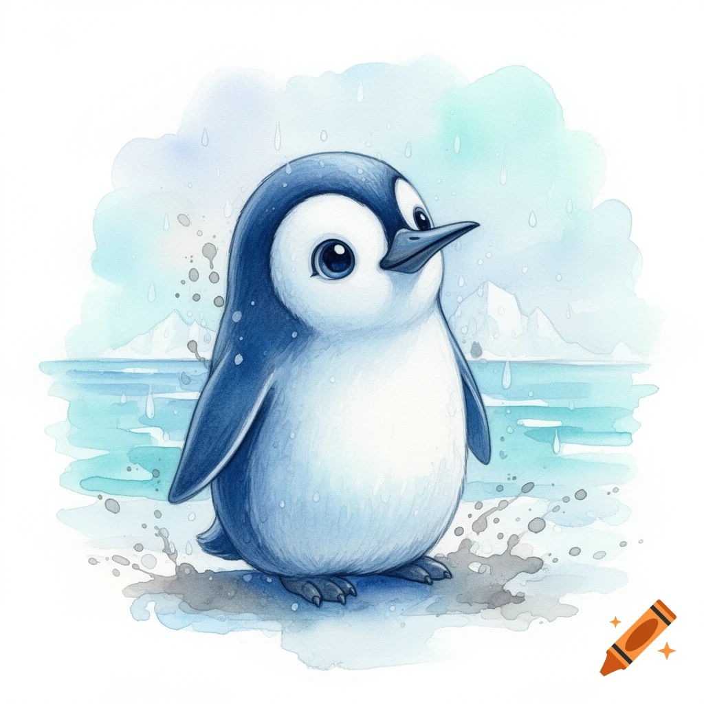 Cute watercolor illustration of a baby penguin standing on an icy patch, with blue water and mountains in the background.