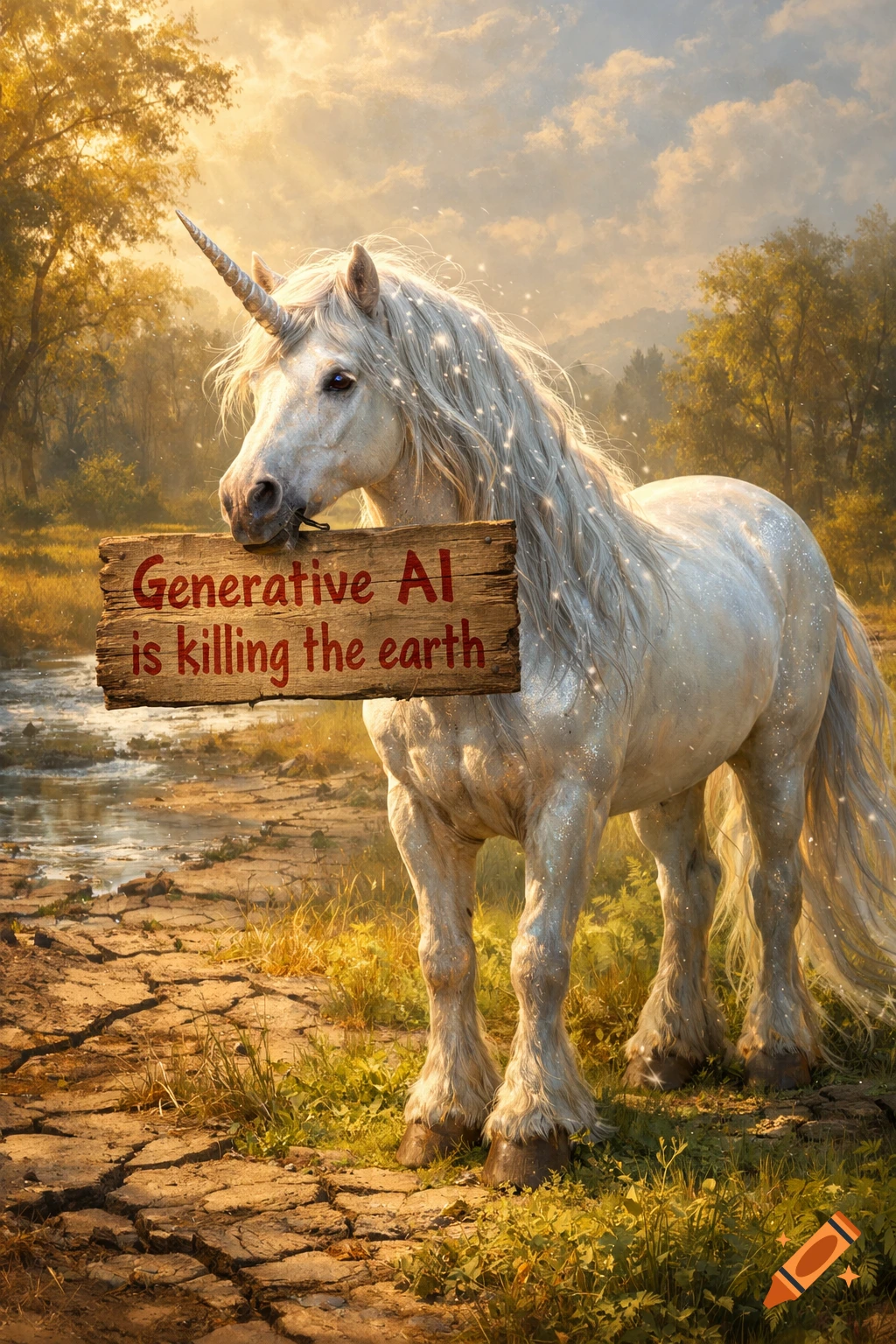 A white, glittery unicorn holds a wooden sign reading 'Generative AI is killing the earth' in a cracked, dry landscape at sunset.