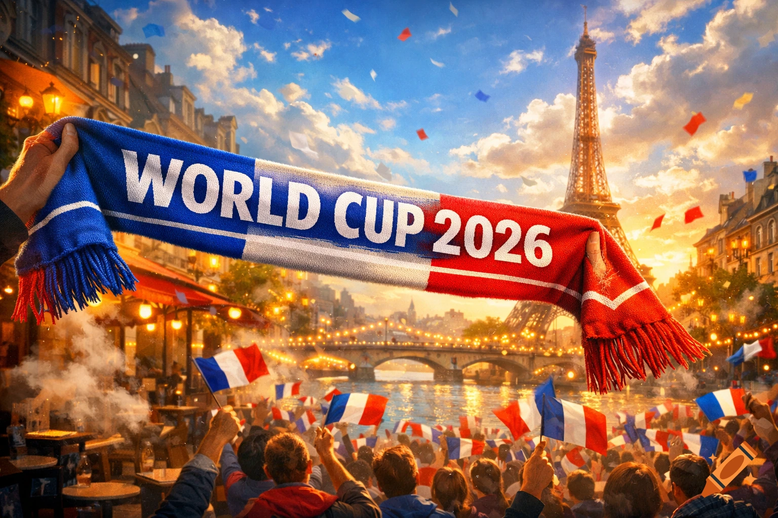 A crowd celebrates in Paris with French flags and a scarf reading 'WORLD CUP 2026' in front of the Eiffel Tower at sunset.