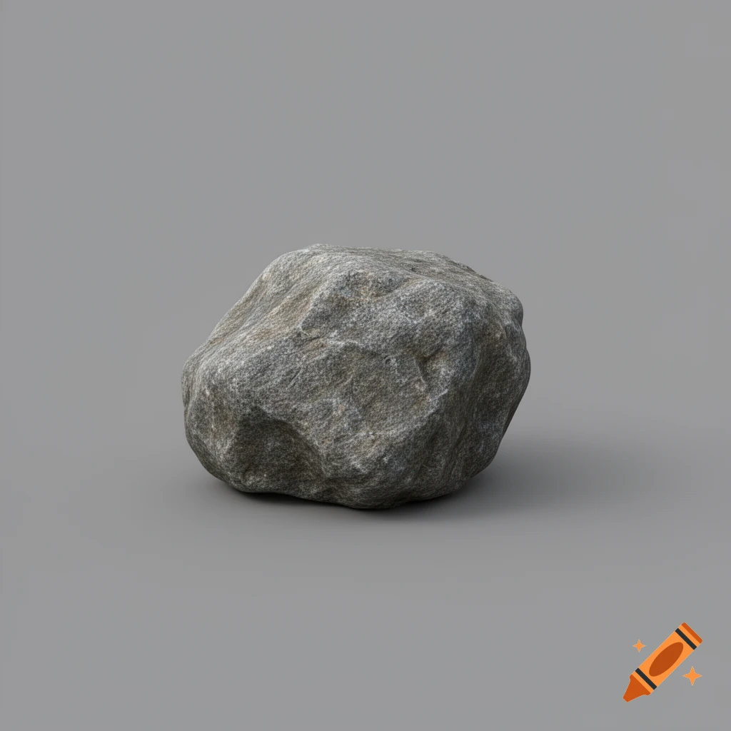 A realistic, grey, boring rock rests centered on a flat gray background with flat lighting.