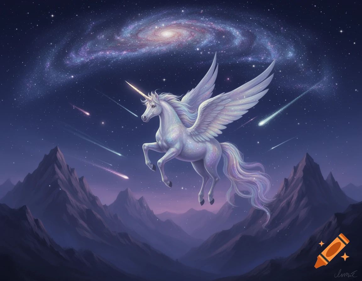 A majestic winged unicorn with a sparkling coat flies under a swirling ...
