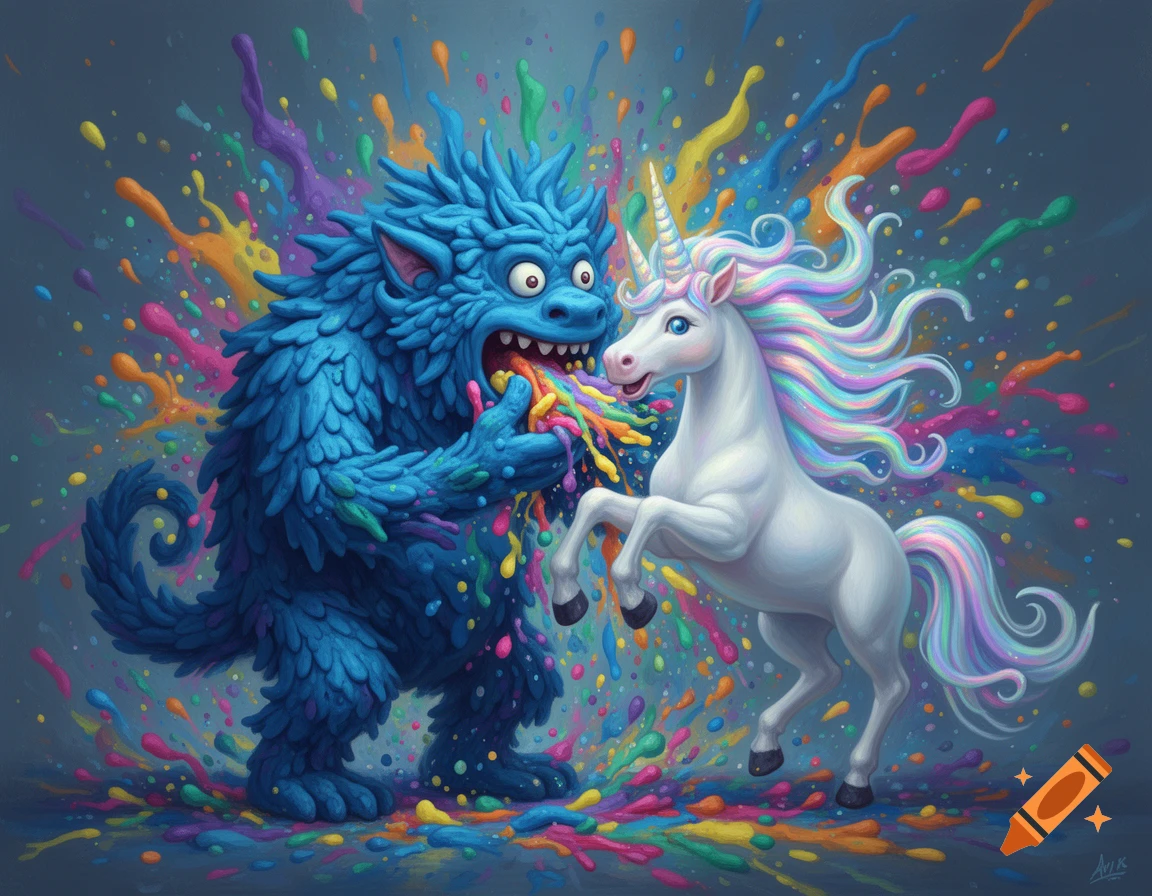 Vibrant cartoon: A blue monster eats colorful goo while a white unicorn with a rainbow mane rears up, surrounded by paint splatters.
