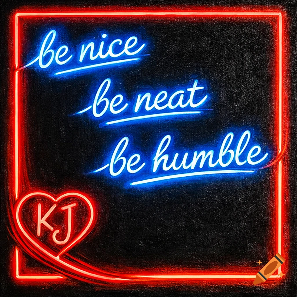 A neon sign on a black canvas with blue text reading 'be nice', 'be neat', 'be humble' and a red heart with 'KJ'.
