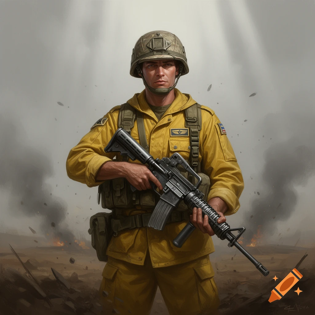 Realistic painting of a soldier in a yellow uniform and helmet holding an assault rifle in a smoky battlefield.
