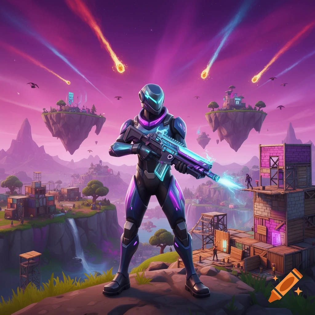 A futuristic soldier in a glowing black and purple suit holds a rifle, overlooking a vibrant, stylized landscape with floating islands.