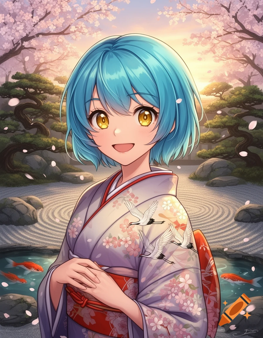 Smiling anime girl with short blue hair and gold eyes wearing a kimono in a Japanese garden with cherry blossoms and koi fish.