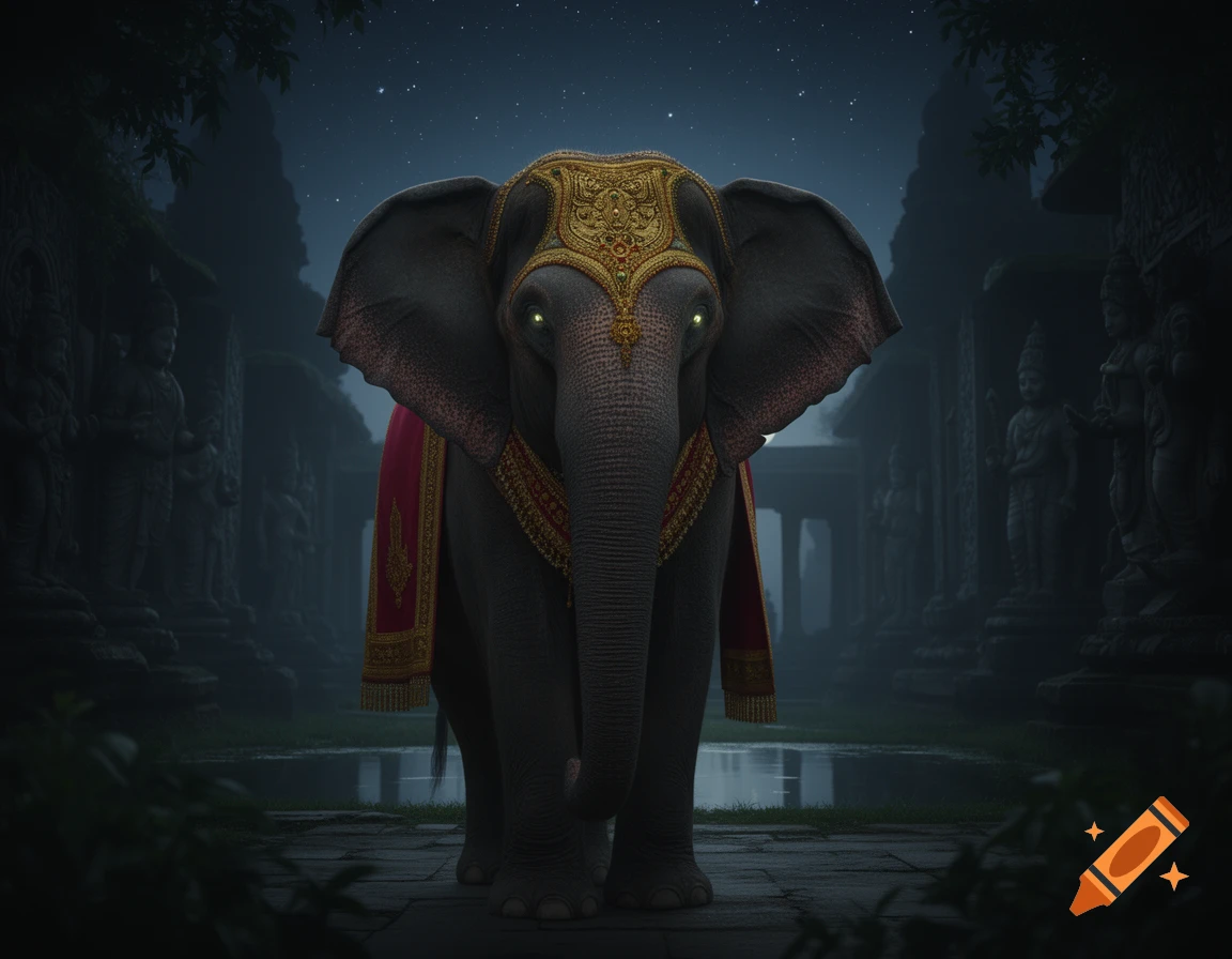 A majestic elephant adorned with gold and red ceremonial coverings stands under a starry night in ancient, misty ruins.