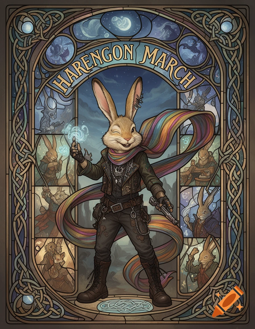 A winking Harengon in a leather jacket and colorful scarf, holding a gun and casting magic, within an Art Nouveau stained glass frame.