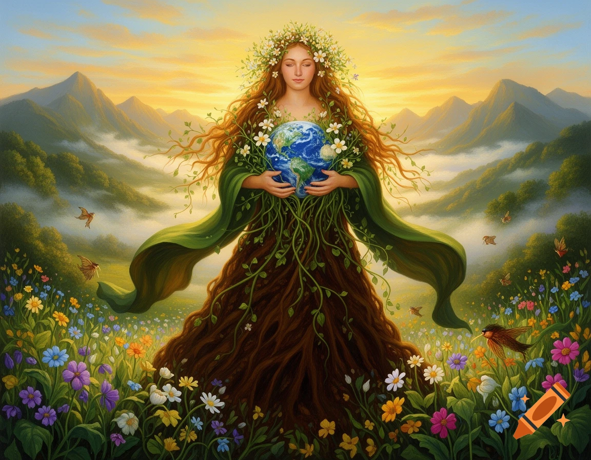 A goddess-like woman, adorned with flowers and roots, cradles a glowing Earth in a vibrant mountain landscape at sunrise.