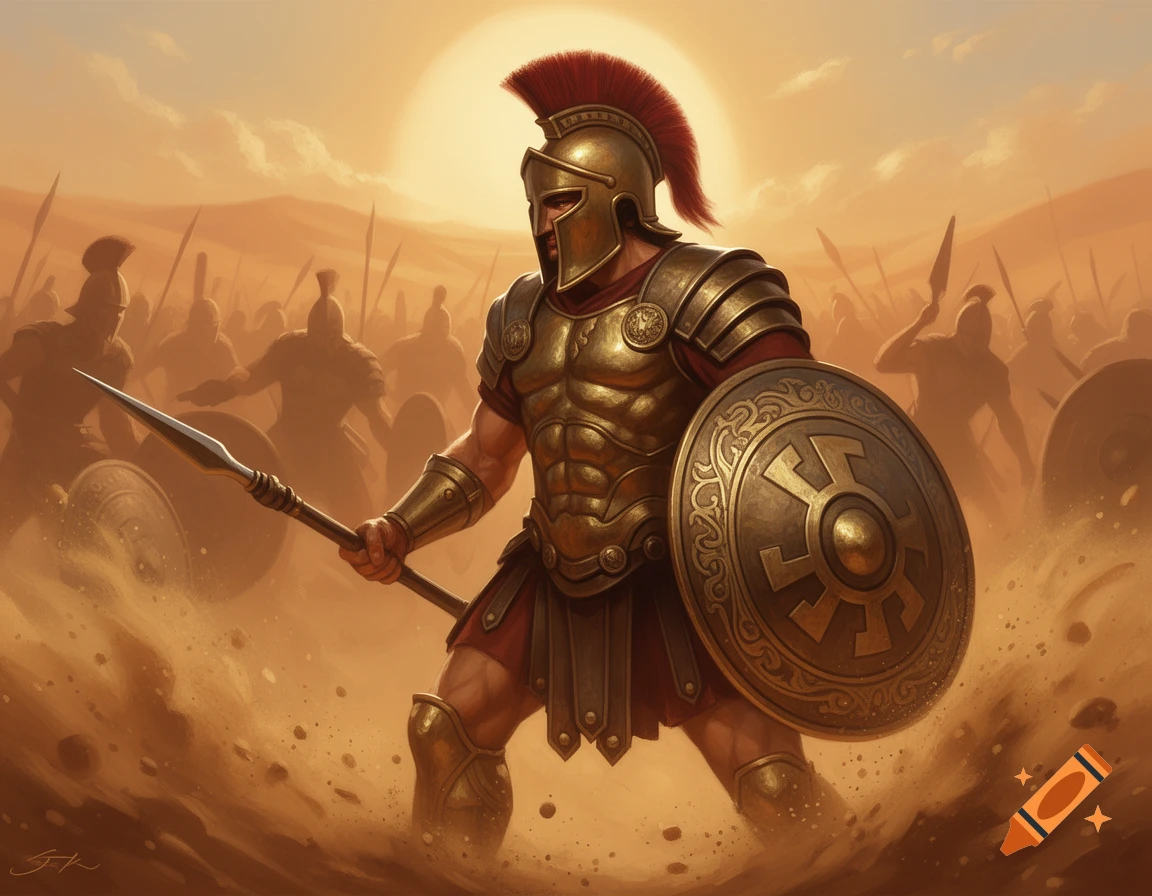 A golden armored Spartan warrior with a red plumed helmet, spear, and shield stands in a dusty desert.
