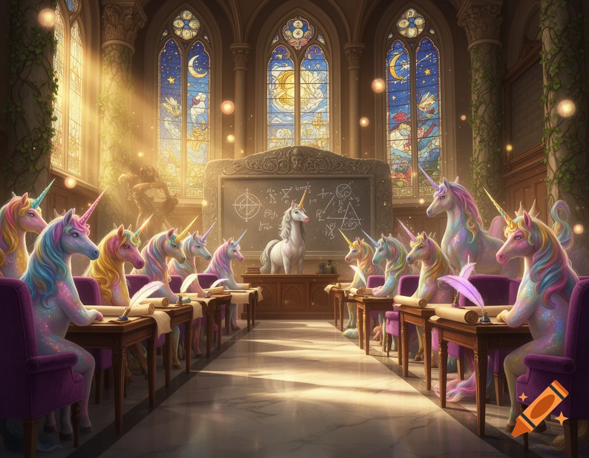 Colorful unicorns with glittery coats attend class in a grand, sunlit university hall with stained-glass windows and a blackboard.