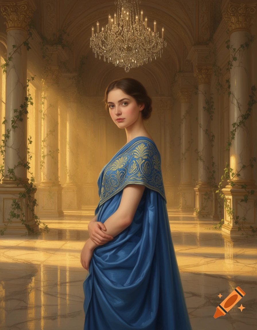 A young woman in a blue and gold classical dress stands in a grand hall with pillars and a chandelier, bathed in golden light.