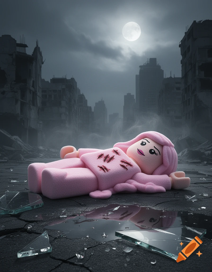 A fluffy pink Lego woman with scratch marks lies among broken glass in a dark, ruined city under a full moon.