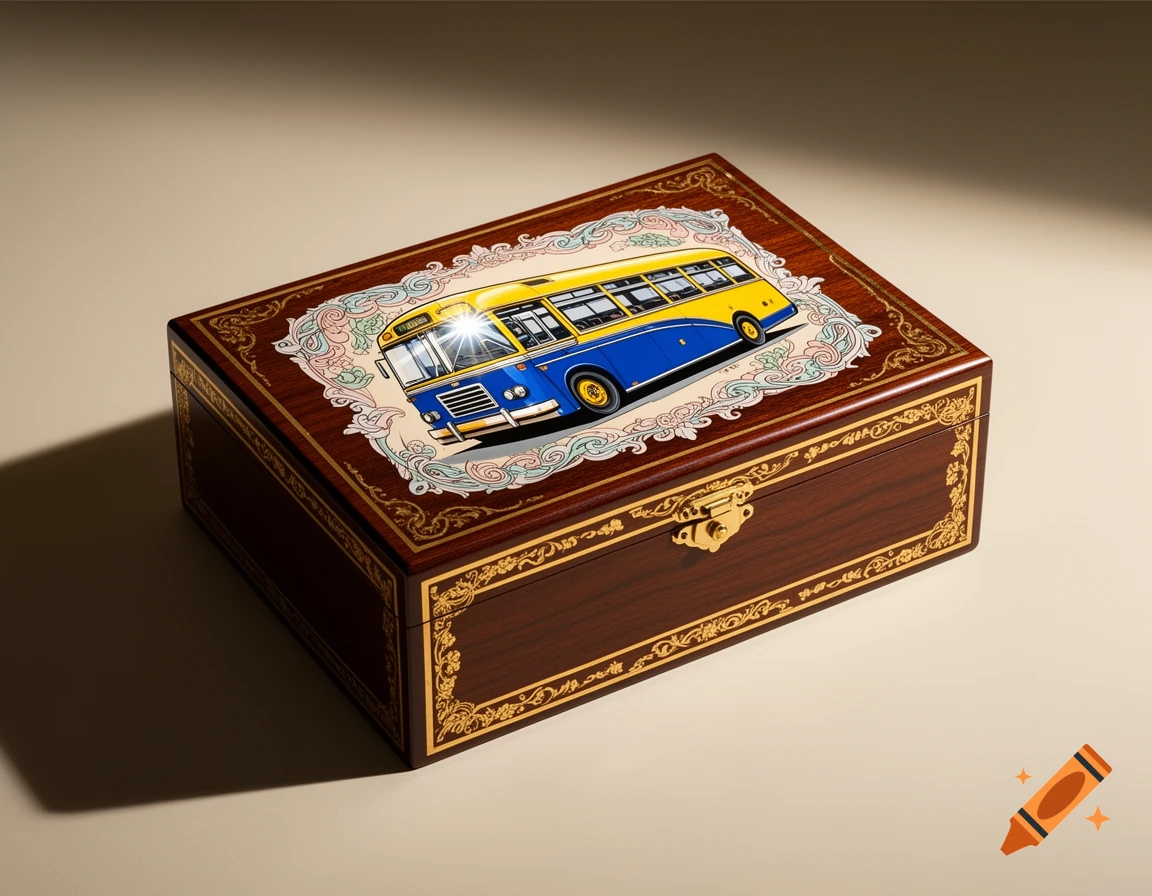 Vintage blue and yellow bus graphic on a dark wood cigar box with ornate gold filigree details.
