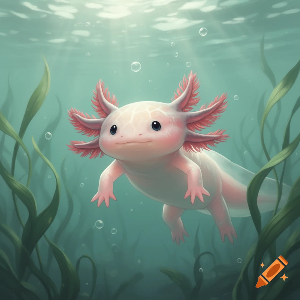 A cute pink axolotl with feathery gills swims in clear blue-green water surrounded by seaweed and bubbles.