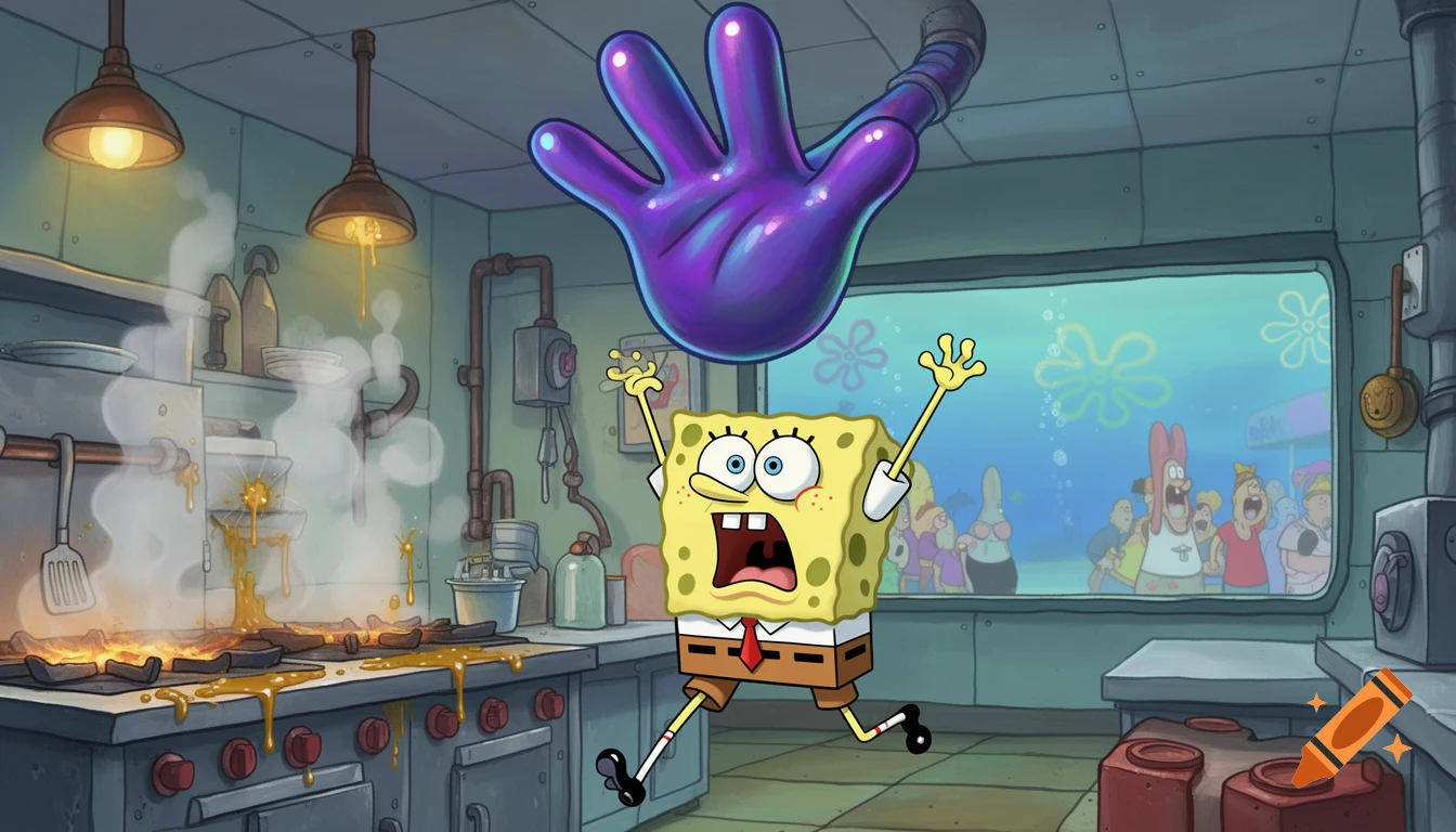Spongebob Squarepants screams, terrified, as a giant purple glove descends towards him in a messy Krusty Krab kitchen.