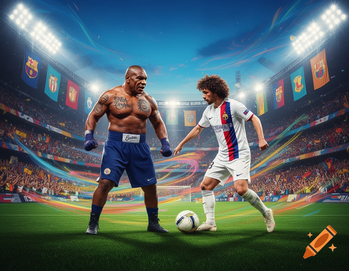 Mike Tyson in boxing shorts and gloves faces a football player resembling Marc Cucurella on a football field inside a packed stadium.