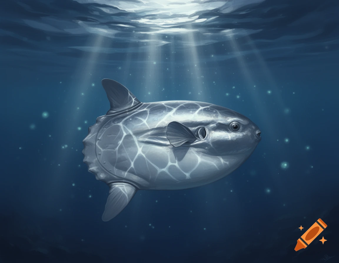 An ocean sunfish swims gracefully in dark blue underwater, illuminated by bright sunbeams from the surface.