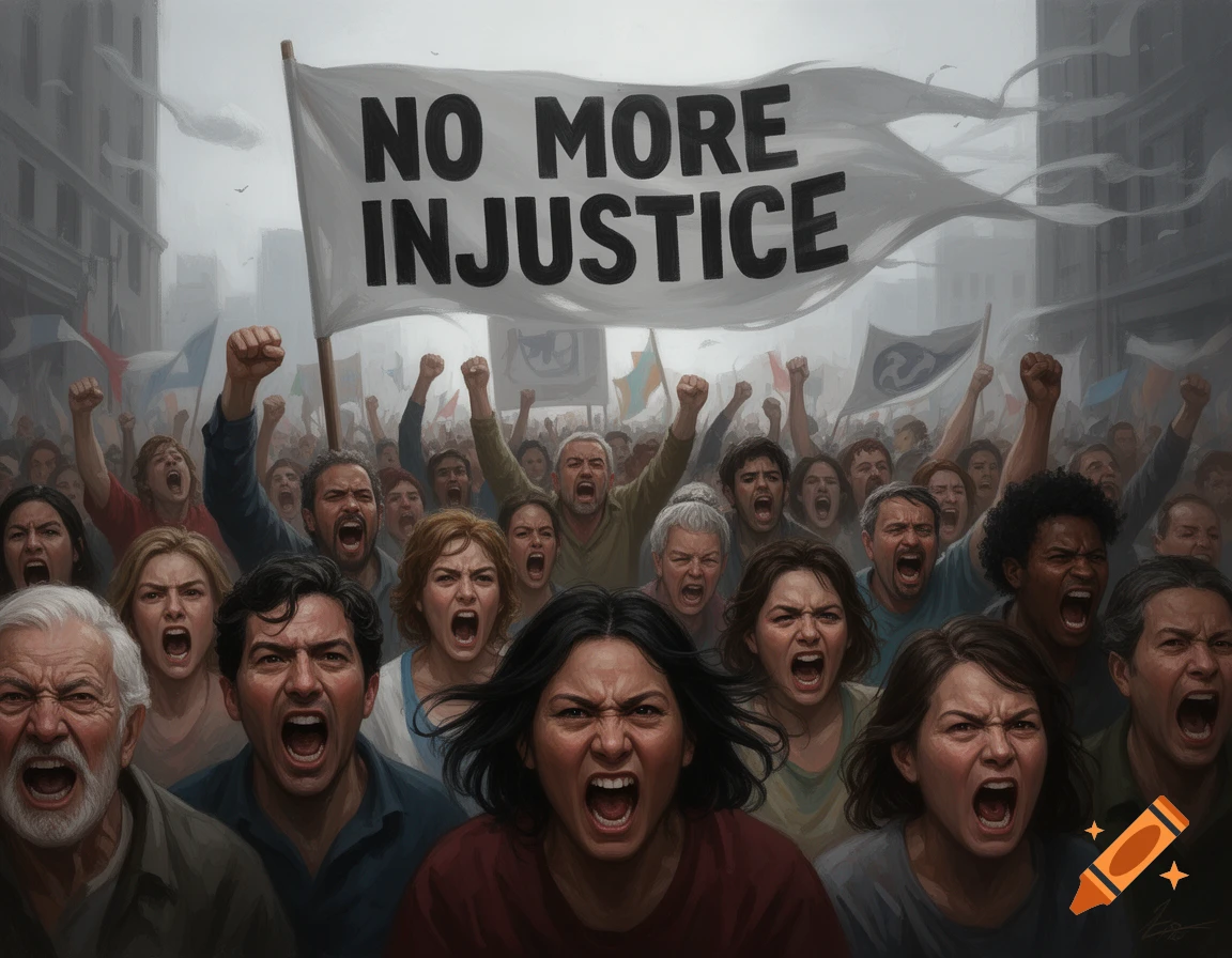 A diverse crowd of angry people protest in the street, yelling and raising fists under a banner reading 'NO MORE INJUSTICE'.