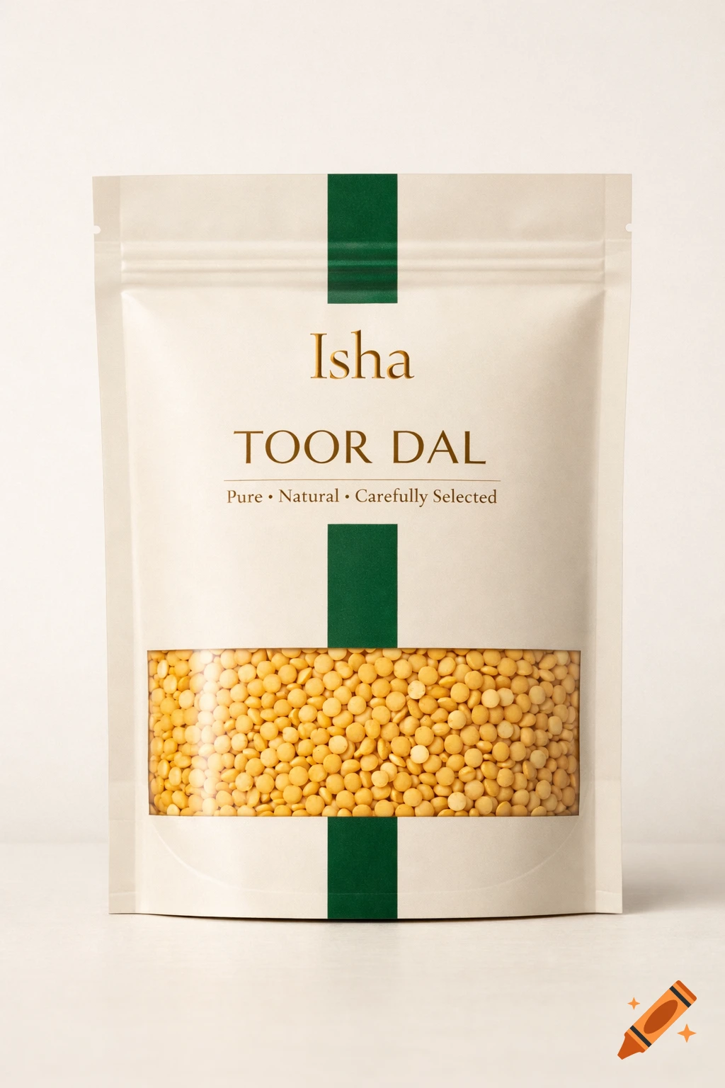 A white matte pouch of Isha Toor Dal lentils with a green stripe and a transparent window showing yellow lentils.