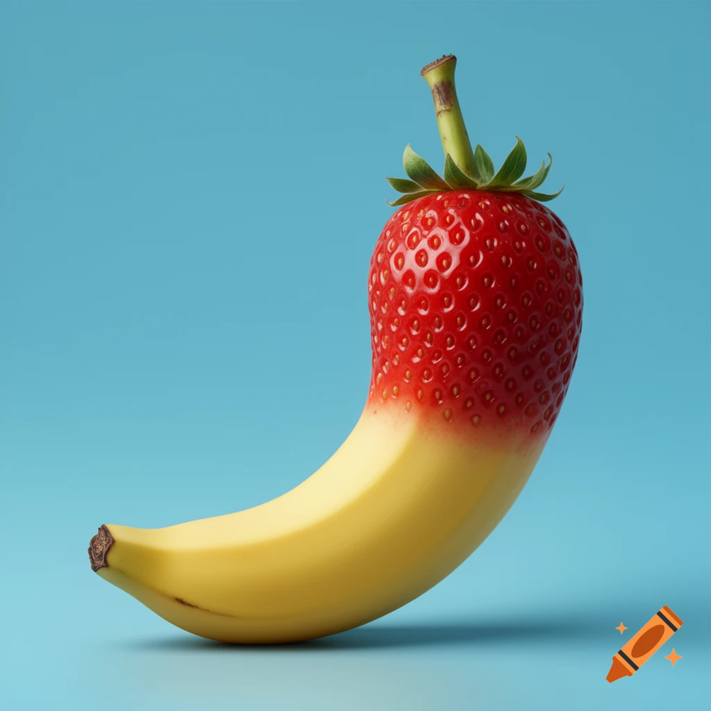 A photorealistic banana-strawberry hybrid stands upright on a blue background.