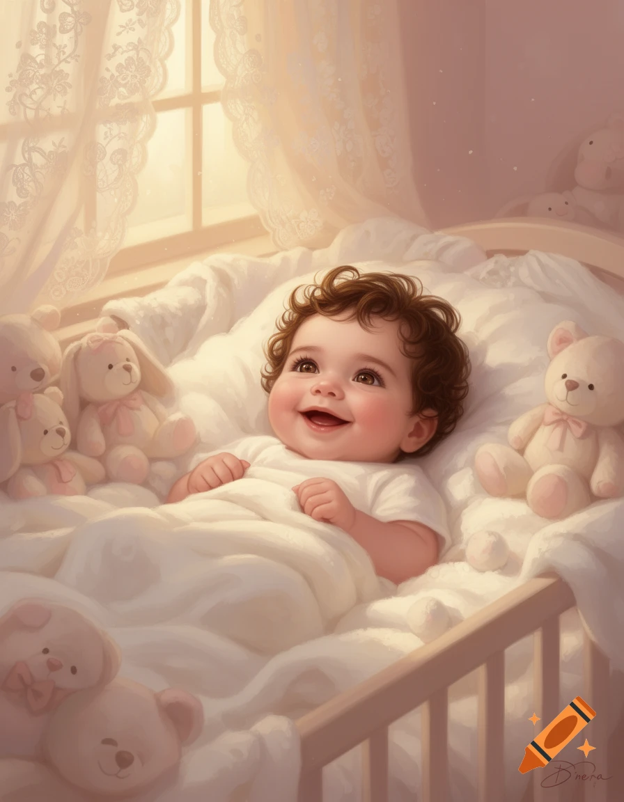 A smiling baby with curly brown hair lies in a white crib surrounded by plush toys, bathed in soft, warm light.