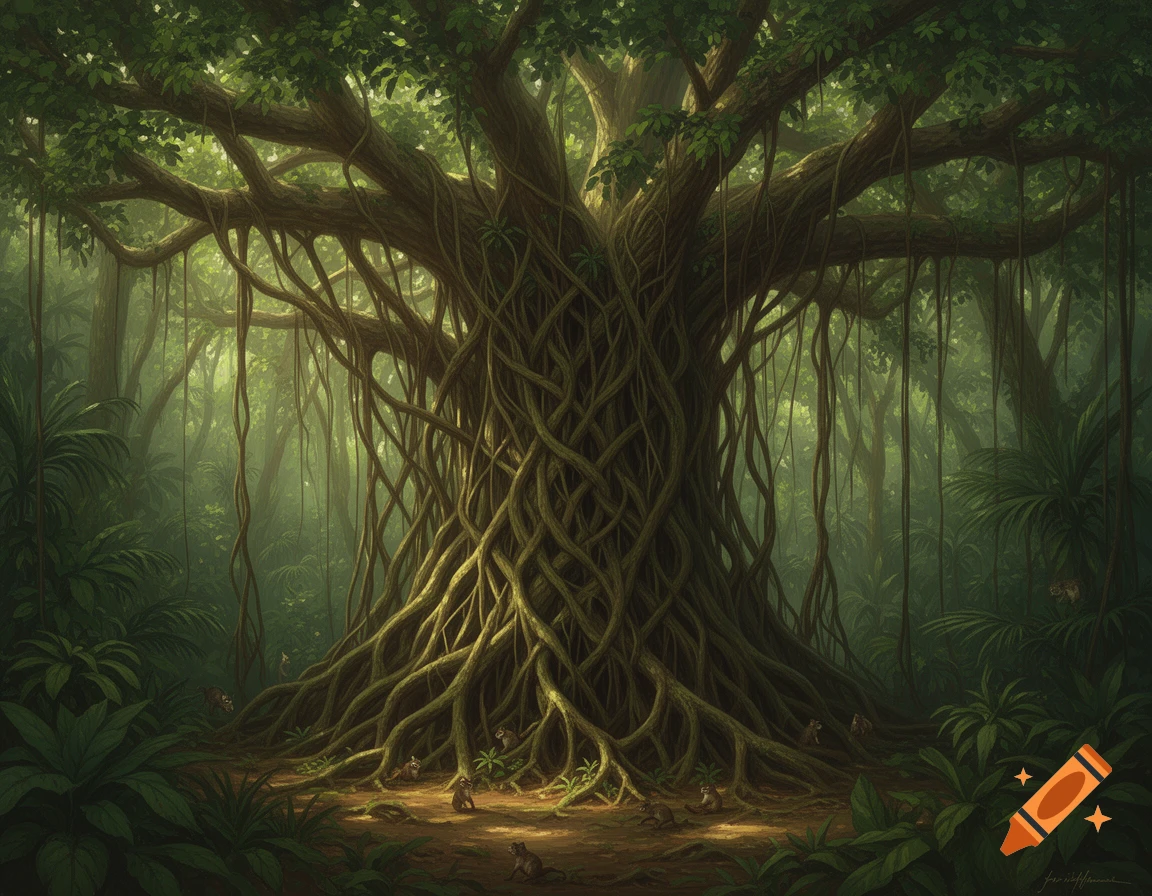 A massive strangler fig tree with intricate roots and hanging vines in a lush, misty jungle, with small creatures. Detailed digital painting.