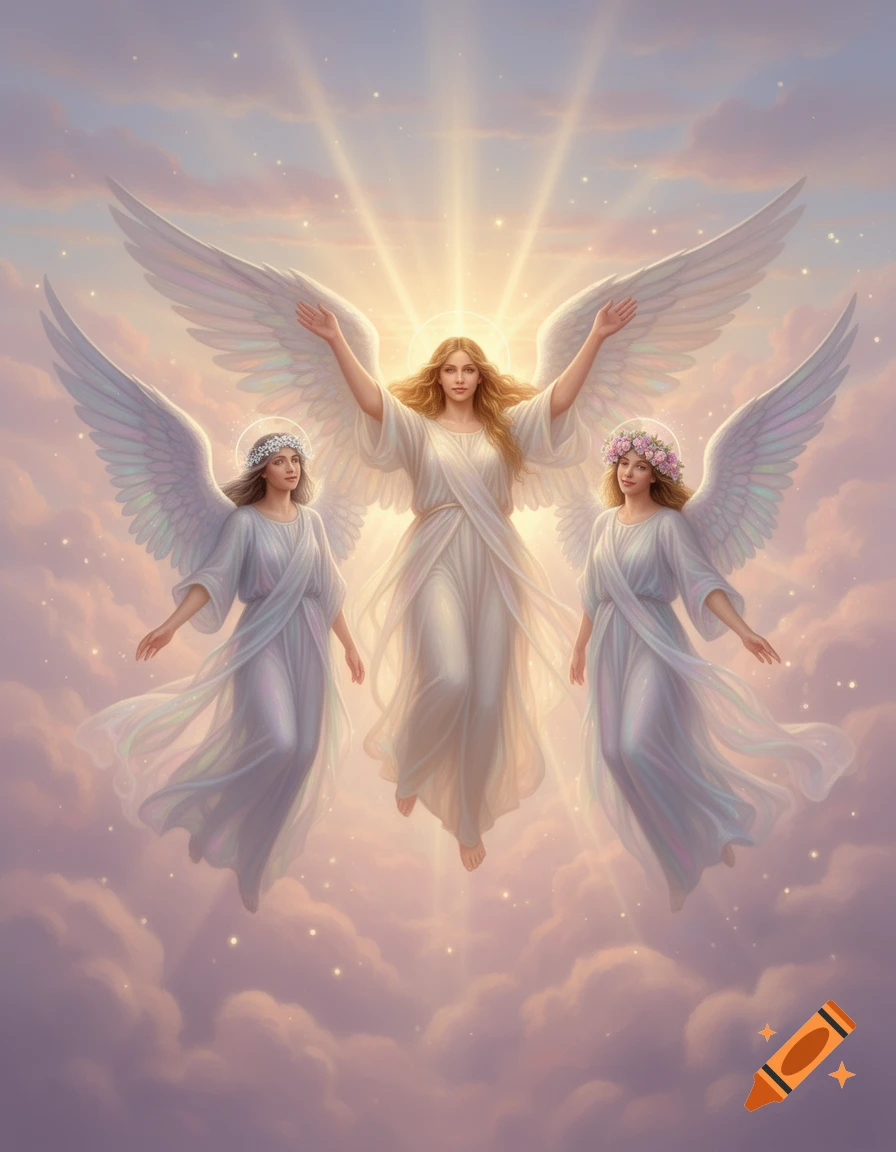 Three majestic angels with large white wings float gracefully among glowing clouds, bathed in bright light.