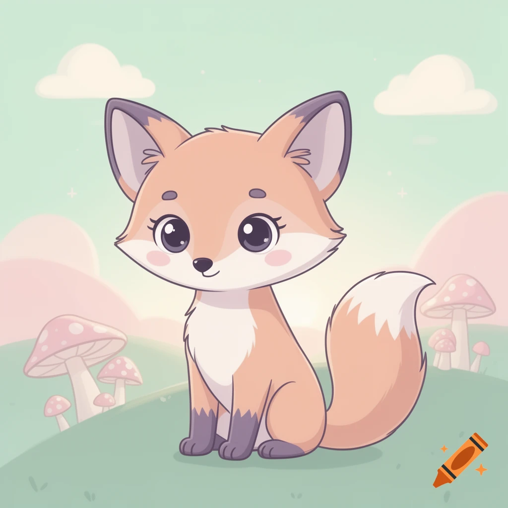 A cute cartoon fox with big eyes sits in a pastel landscape with mushrooms and clouds.