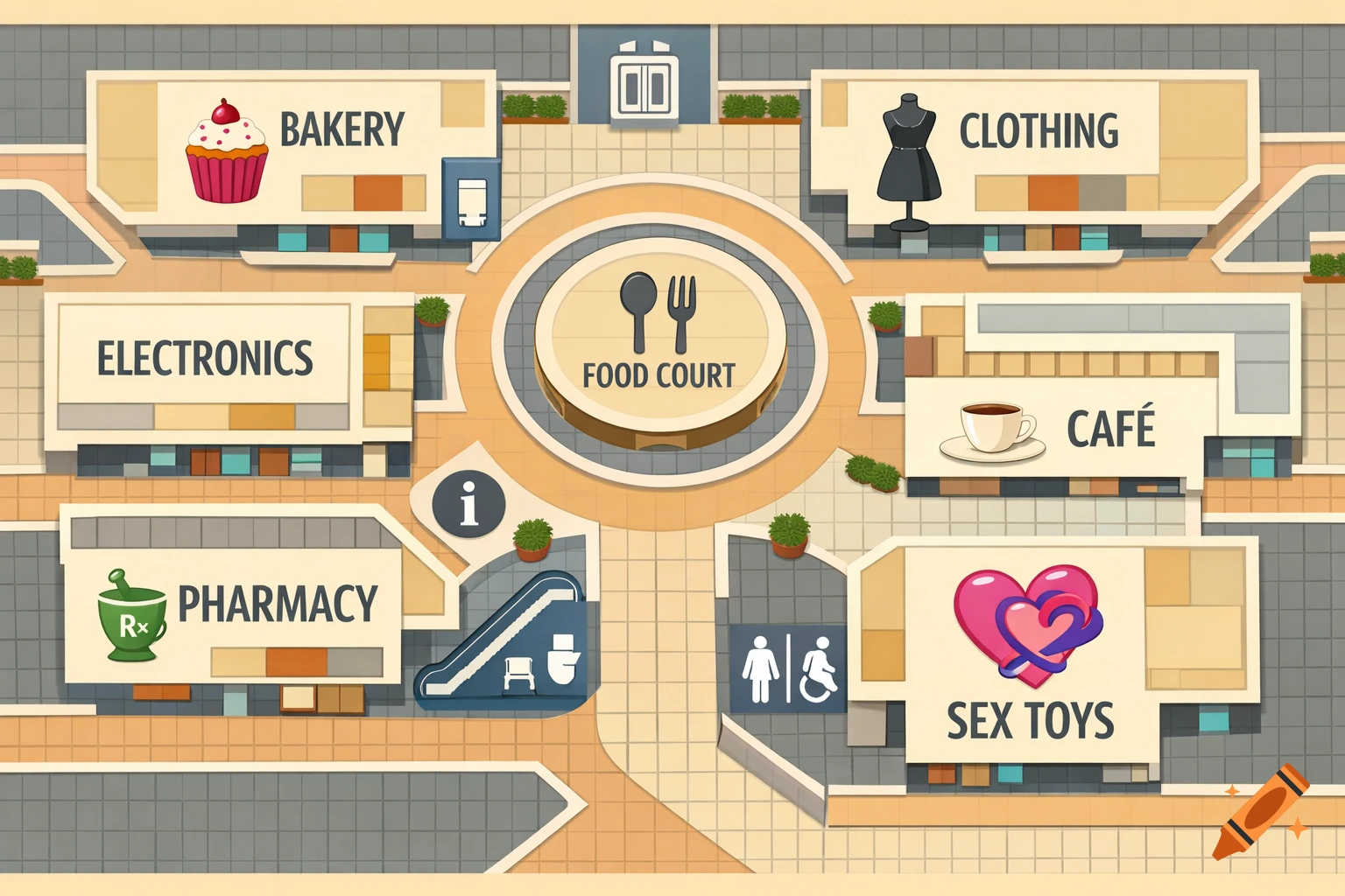 An overhead cartoon map of a mall, showing various shops like Bakery, Electronics, Pharmacy, Food Court, Clothing, Cafe, and Sex Toys.