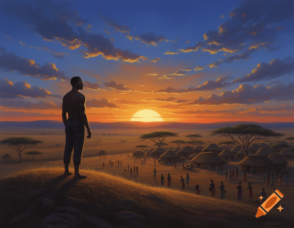 A man stands on a grassy hill, overlooking an African village at sunset with acacia trees. The sky is vibrant orange and blue with clouds.