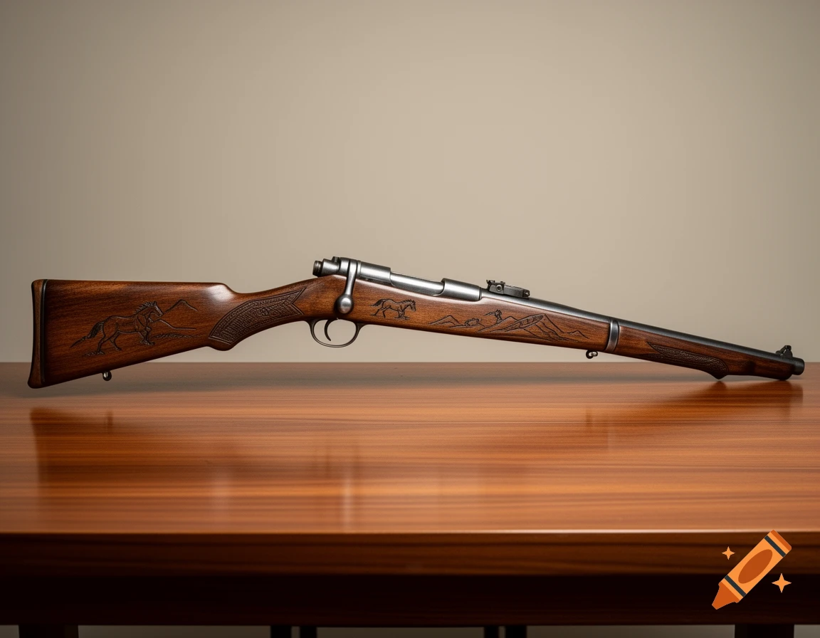 A vintage bolt-action hunting rifle with engraved wooden stock depicting horses and mountains, laid on a polished wooden table.